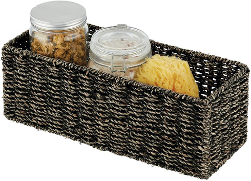 mDesign Natural Woven Seagrass Bathroom Toliet Roll Holder Storage Organizer Basket Bin; Use on Bathroom Countertop, Toilet Tank Top - Holds 3 Rolls of Toilet Paper - Black Wash