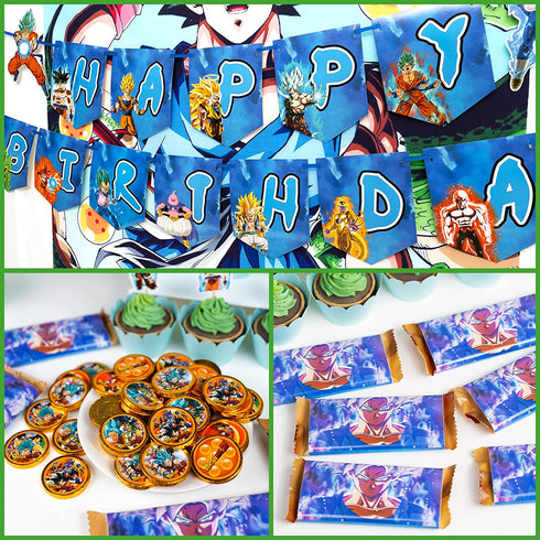 Birthday Party Decorations, 85 Pcs Party Supplies - Backdrop, Banner, Balloon, Cupcake Toppers, Stickers for Anime Themed Party