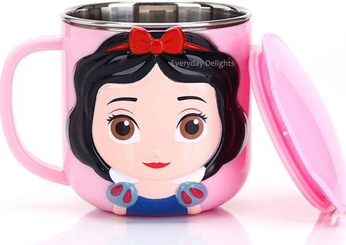 Disney 3D Princess Snow White Pink Durable Stainless Steel Insulated Cup with Lid, 250ml