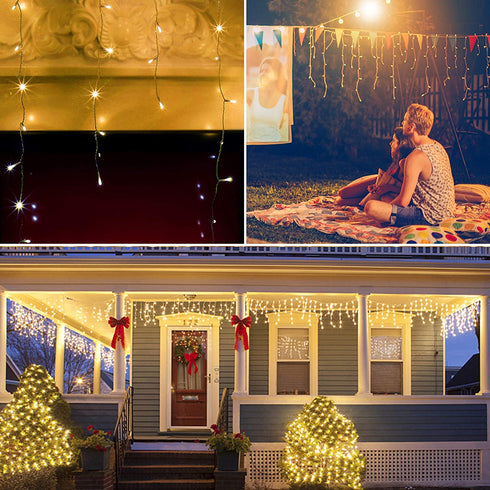 WATERGLIDE 360 LED Christmas Iciclelights Outdoor Dripping Ice Cycle String Light, 29.5ft 8 Modes Curtain Fairy Lights with 60 Drops, Indoor Xmas Holiday Wedding Party Decorations, Warm White