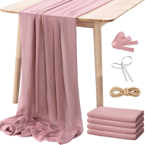 Netany 4PCS Dusty Rose Chiffon Table Runner 29x120 Inches, Romantic Sheer Fabric for Wedding Decorations, Baby Shower and Birthday Party Cake Table Decorations