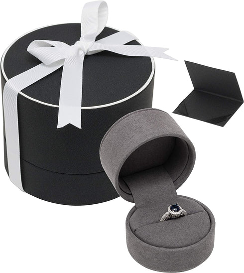 Noble Suede Ring Box with Outside Packer, Gift Card and Ribbon for Proposal, Jewelry Gift and Special Occasions