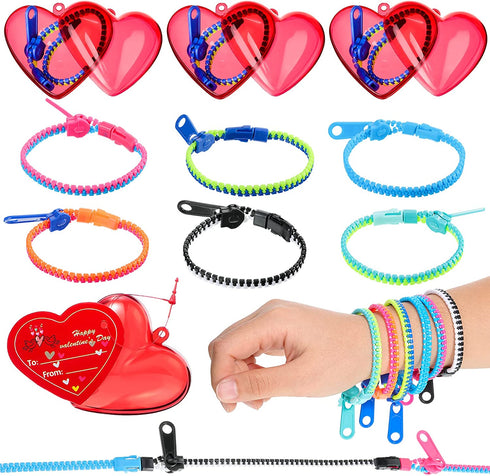 35 Pack Valentine Friendship Bracelet Zipper Sensory Bracelet Fidget Toys Valentines Day Pre Filled Hearts with Valentine Cards for Valentines, Birthday, Goodie Bags, Pinata Filler, Classroom Rewards