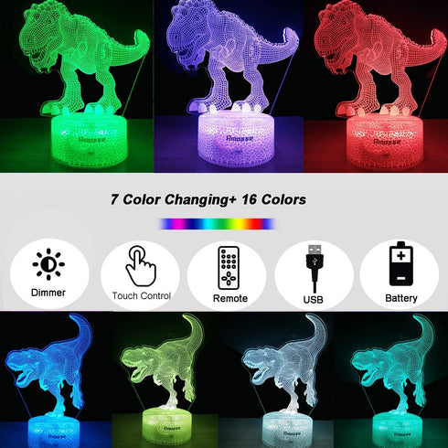 Dinosaur Toys, T Rex 3D Night Light with Remote & Smart Touch 7 Colors + 16 Colors Changing Dimmable T Rex Toys Gifts 2 3 4 5 6 7 8 Year Old Boy Birthday Gifts (2 Panels))