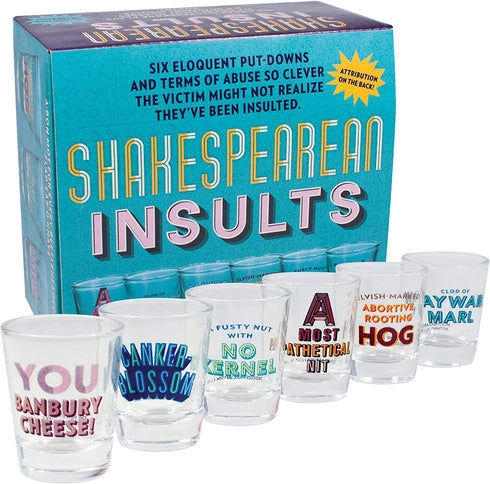 Shakespearean Insults - 6 Piece Shot Glass Set of Shakespeare Quotes - Comes in a Colorful Gift Box