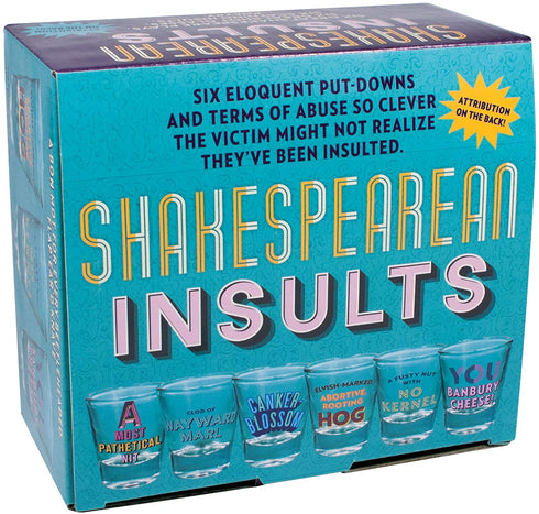 Shakespearean Insults - 6 Piece Shot Glass Set of Shakespeare Quotes - Comes in a Colorful Gift Box