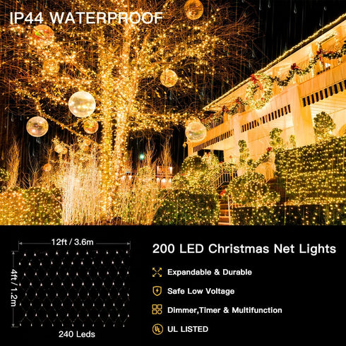 Ollny Christmas Net Lights 200 LED 9.8x6.6ft Outdoor Mesh Lights Connectable Waterproof 8 Modes&Timer Remote Plug in Fairy String Lights for Bush Xmas Garden Wedding Holiday Decorations Warm White