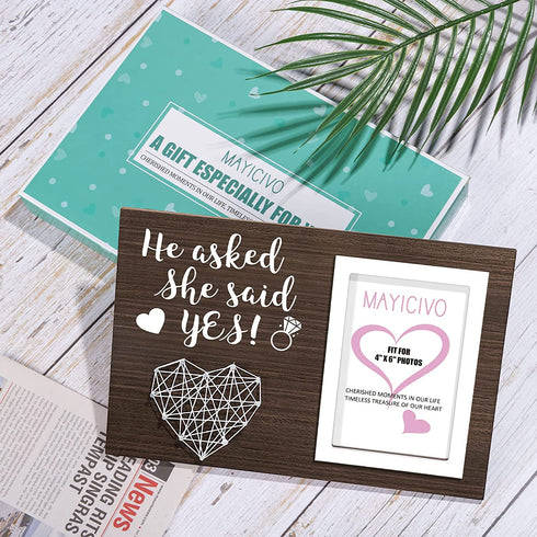 MAYICIVO Engagement Wedding Gifts for Engaged Couples, Boyfriend Girlfriend Birthday Gifts for Him Her Romantic Picture Frame, Engagement Gifts for Women Bride, He Asked She Said Yes Frame-4 x 6 Photo
