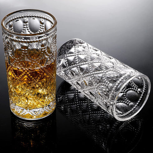 Yesland 6 Pack Vintage Drinking Glasses - 12 Oz Romantic Water Glassware Crystal Emboss Juice Glasses - Double Old Fashioned Glass and Tasting Tumblers for Juice, Cocktail, Whiskey, Beverages, Beer