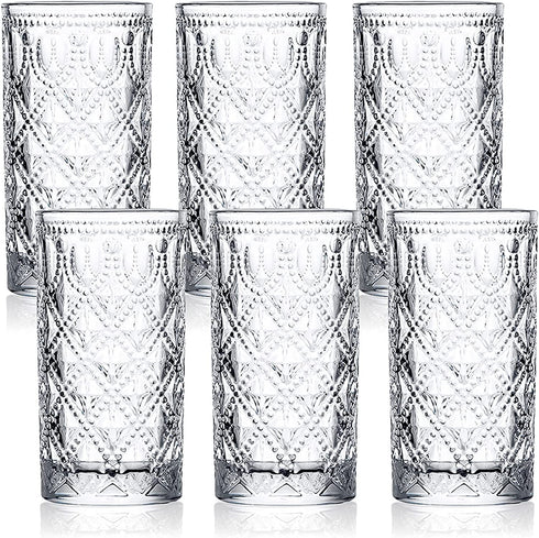 Yesland 6 Pack Vintage Drinking Glasses - 12 Oz Romantic Water Glassware Crystal Emboss Juice Glasses - Double Old Fashioned Glass and Tasting Tumblers for Juice, Cocktail, Whiskey, Beverages, Beer