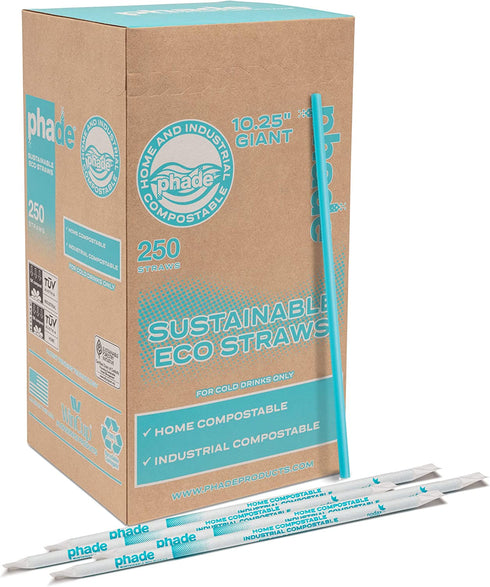 phade Eco-Friendly Sustainable Marine Biodegradable Compostable Giant Straws, Individually Wrapped, 10.25" - 250 Count
