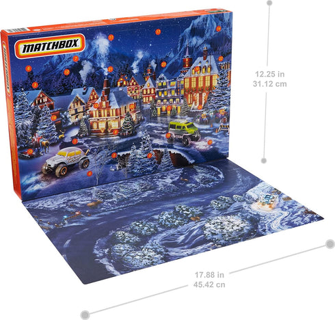 Matchbox Advent Calendar with 24 Surprises that Include 11 1:64 Scale Cars with Authentic & Holiday-Themed Decos & Accessories, Holiday Gift for Kids 3 Years Old & Up, Multi (GXH01)