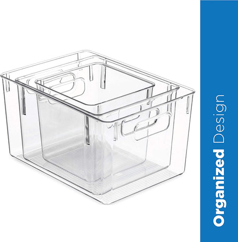 Set Of 6 Clear Pantry Organizer Bins Household Plastic Food Storage Basket with Cutout Handles for Kitchen, Countertops, Cabinets, Refrigerator, Freezer, Bedrooms, Bathrooms