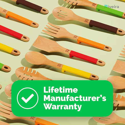 Riveira Wooden Spoons for Cooking Kitchen Cooking Utensils Set 5-Piece Spatula Wood Slotted Spoon Serving Utensil Fork Nonstick Utensils with Silicone Handles for Everyday Use