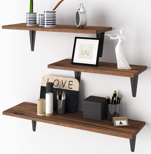 BAMEOS Floating Shelves, Rustic Wood Wall Storage Shelves, Wall Mounted Shelf Organizer Set of 3 for Living Room, Bedroom, Kitchen, Bathroom, Office