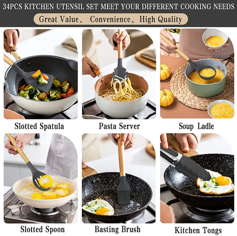 Silicone Cooking Kitchen Utensil Set, Umite Chef 34pcs Heat Resistant Kitchen Utensils with Holder, Kitchen Spatula Set with Wooden Handle, Kitchen Gadget Tools for Nonstick cookware-Grey(BPA Free)