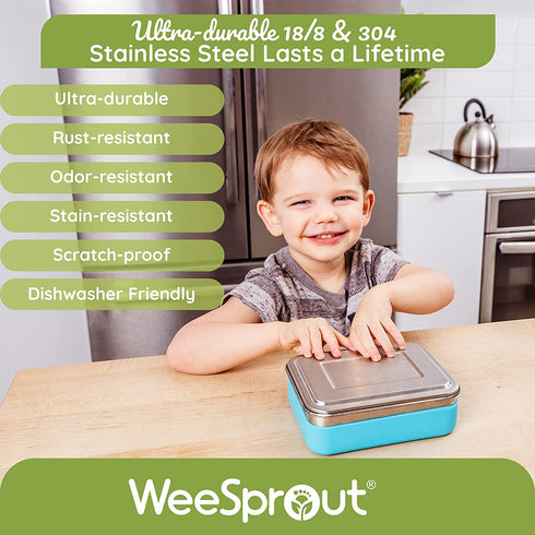 WeeSprout 18/8 Stainless Steel Bento Box (Compact Lunch Box) - 3 Compartment Metal Lunch Containers, Skid-proof Silicone Sleeve, for Kids & Adults, Bonus Dip Container, Fits in Lunch Bag & Backpack