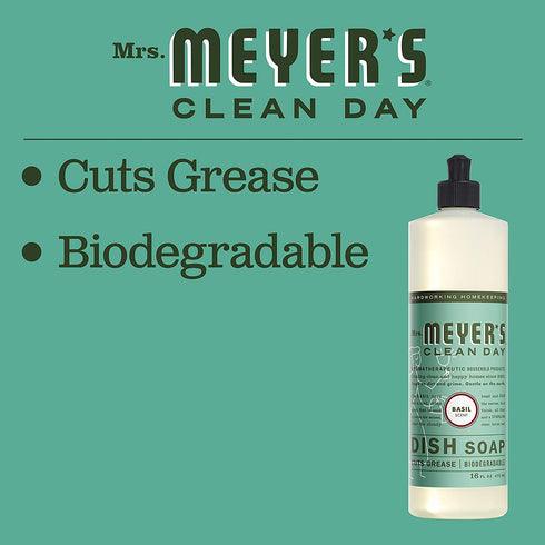 Mrs. Meyer's Dishwashing Liquid Dish Soap, Cruelty Free Formula, Basil Scent, 16 oz - Pack of 3