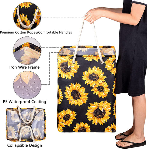 Sunflowers Laundry Hamper, 72L Large Collapsible Tall Laundry Basket Waterproof Dirty Clothes Bag with Cotton Ropes Handles Washing Storage Bin for Clothes, Toys, Nursery, Bedroom, Bathroom, College