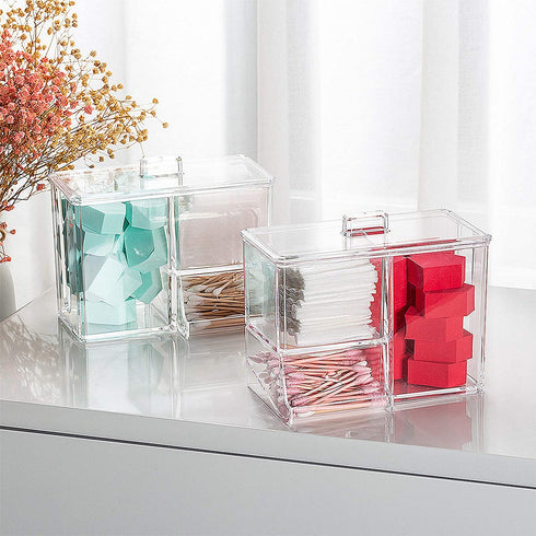 LENNXIER Round Cotton Pads Holder Cotton Balls Swab Holder Container with Lid 4-Grid Q-tip and Cotton Ball Holder Makeup Pad Box Cosmetic Storage Case,Acrylic Crystal Clear