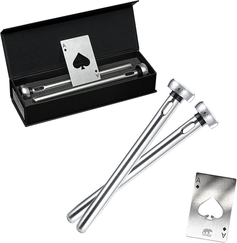 Beer Chiller Sticks For Bottles By KANOS - Set of 2 Stainless Steel Cooling Chillers - Unique Beer Lovers Gifts For Men - Great Gift Ideas For Dad, Boyfriend, Husband, Brother - Ace Card Bottle Opener