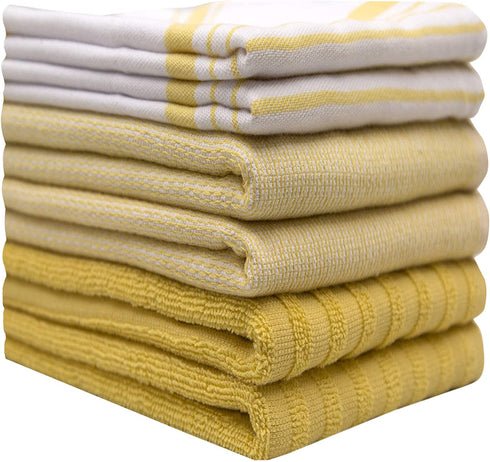 Premium Kitchen Towels (20?x 28?, 6 Pack) Large Cotton Kitchen Hand Towels Striped Flat & Terry Towel Highly Absorbent Tea Towels Set with Hanging Loop Yellow