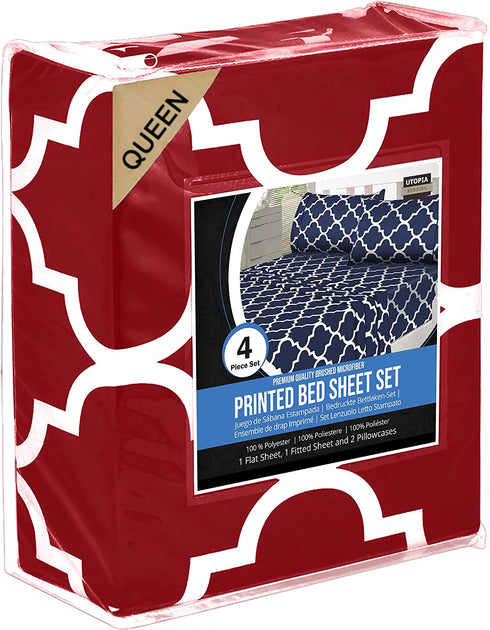 Utopia Bedding Printed Queen Sheet Set - 1 Fitted Sheet, 1 Flat Sheet and 2 Pillowcases - Soft Brushed Microfiber Fabric - Shrinkage and Fade Resistant (Queen, Burgundy Quatrefoil with White Pattern)