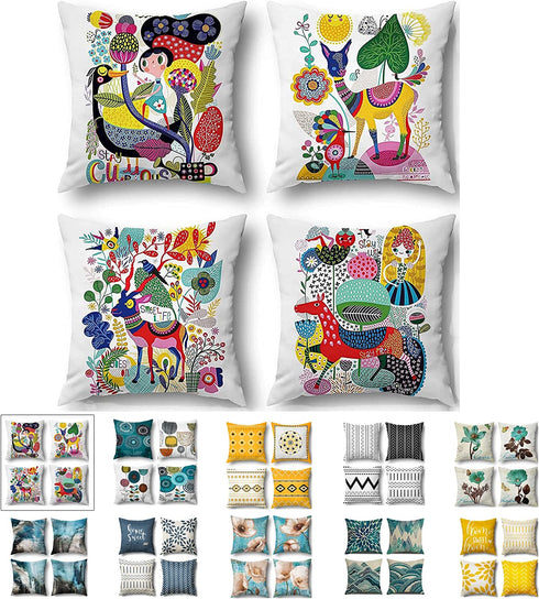 wyooxoo Throw Pillow Covers 18 x 18 Decorative Outdoor Pillow Covers Cushion Covers Kids Cartoon Animal Pillow Cases Set of 4 for Sofa Couch Children Room Bed Chair Home Decor