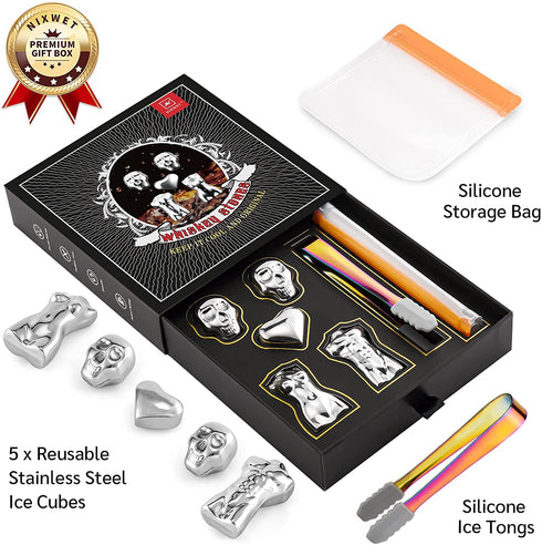 Whiskey Stones Gift Set, NIXWET Set of 5 Stainless Steel Reusable Ice Cubes Whiskey Rocks with Chilling Bag and Ice Tongs for Cocktails, Bourbon, Wine, Beverages