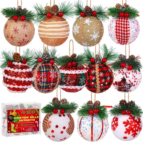 Aneco 12 Pack Christmas Ball Ornaments Xmas Balls Baubles Set Assorted Styles Foam Christmas Tree Baubles with Pine Cones and Berries for Holiday Wedding Party Decoration