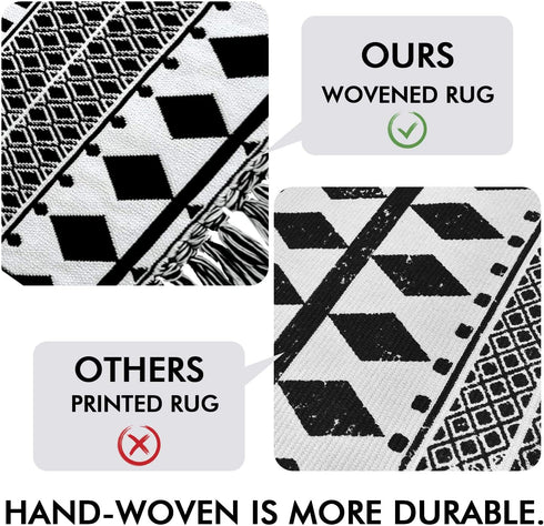 iOhouze Boho Bathroom Rug with Tassel, 2'x3', 100% Woven Black Geometric Rug Fully Reversible, Cotton Machine Washable Boho Outdoor Rug for Kitchen Bedroom Living Room Laundry Entry Doorway