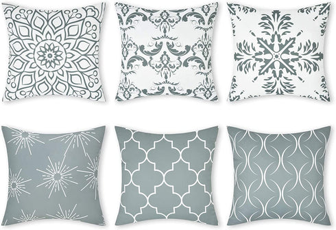 6 Pack Throw Pillow Covers Modern Decorative Throw Pillow Case Gray Cushion Case for Room Bedroom Room Sofa Chair Car, Grey and White, 18 x 18 Inch