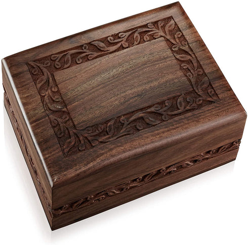 Reminded Rosewood Hand-Carved Urn Box Cremation Memorial with Velvet Bag - Medium