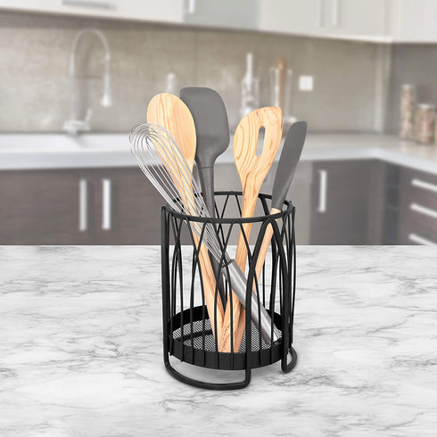 Spectrum Diversified Twist Round Holder & Kitchen Countertop Organizer Cooking Utensil Crock for Kitchen Organization & Storage, Cutlery & Flatware Caddy, Black