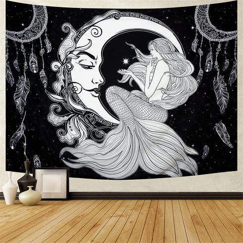Maccyafst Moon Mermaid Tapestry Psychedelic Black and White Tapestry Bohemian Dreamcatcher Wall Tapestry Starry Night Galaxy Stars Tapestry for Bedroom Dorm Decor