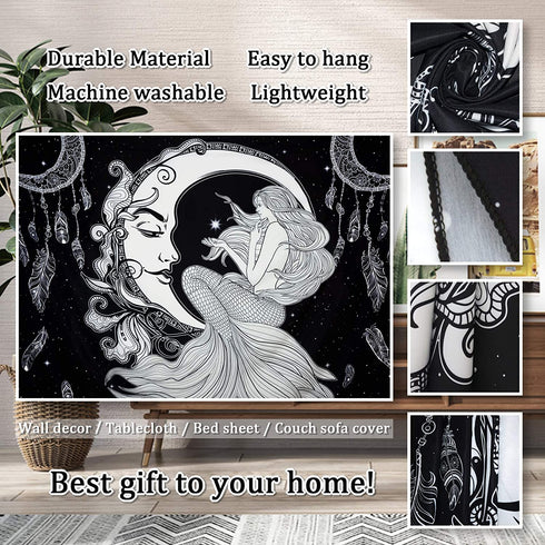 Maccyafst Moon Mermaid Tapestry Psychedelic Black and White Tapestry Bohemian Dreamcatcher Wall Tapestry Starry Night Galaxy Stars Tapestry for Bedroom Dorm Decor