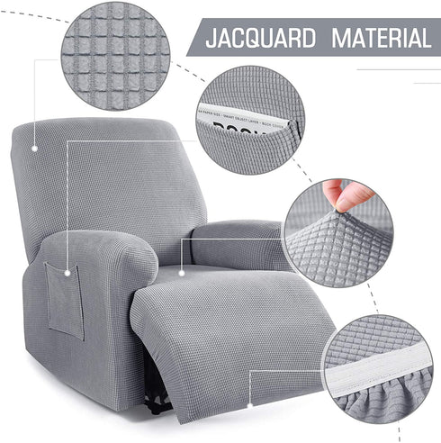 Recliner Cover 4-Pieces, TAOCOCO Recliner Stretch Sofa Slipcover Recliner Cover 1 Seater Couch Protector Soft Furniture Protector Covers with Elastic Chair Covers Jacquard Pattern (Dusty Grey)