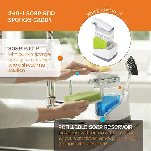 Casabella Kitchen Soap Pump Caddy, White Sink Sider Solo with Sponge Chrome Plating