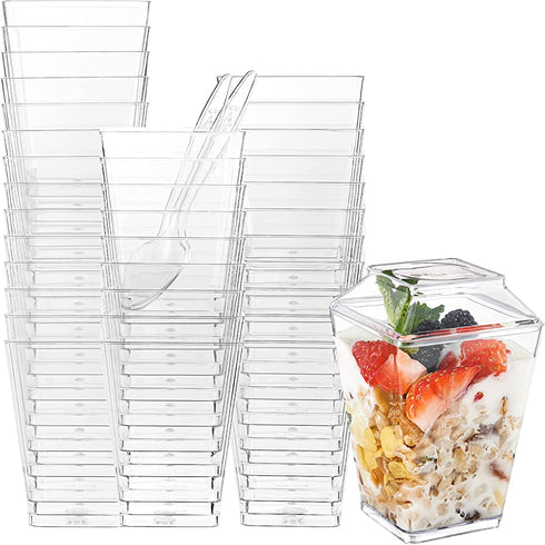 INDRAH 50 Pack 5 oz Clear Plastic Dessert Shooter Cups with Spoons and Lids/ Footed Dessert Shooters for Parfait, Appetizer, Dessert Shot Glasses & Party Serving Tumbler Cups