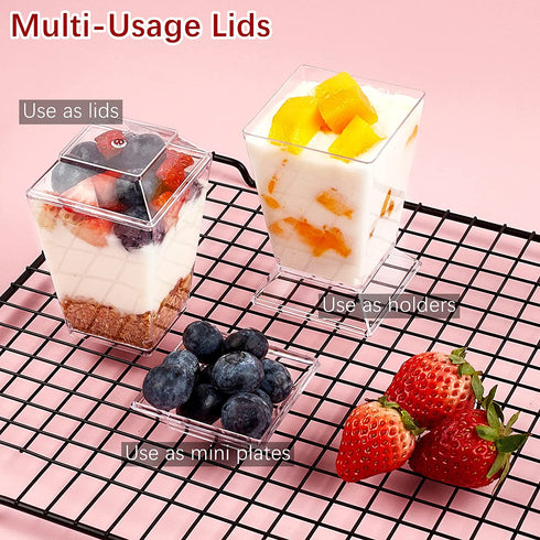 INDRAH 50 Pack 5 oz Clear Plastic Dessert Shooter Cups with Spoons and Lids/ Footed Dessert Shooters for Parfait, Appetizer, Dessert Shot Glasses & Party Serving Tumbler Cups