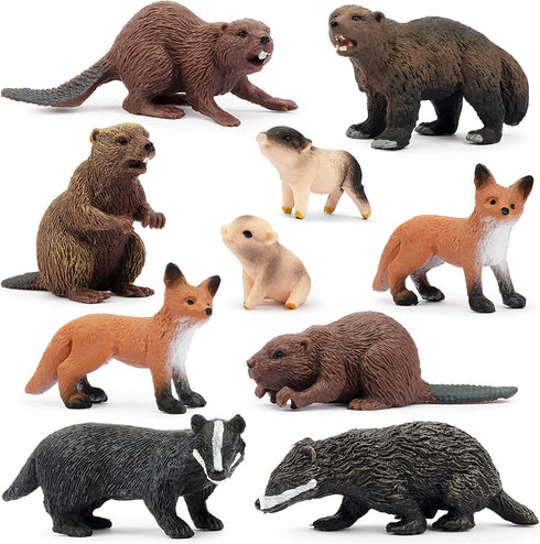 TOYMANY 10PCS Tiny Forest Animal Figures, Realistic Woodland Creatures Figurines Toy Set Includes Beavers Foxes Badgers, Easter Eggs Education Birthday Gift Christmas Toy for Kids Children Toddlers