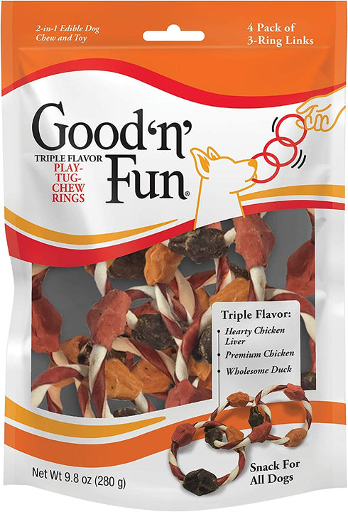 Good'n'Fun Triple Flavor Play-Tug-Chew Rings 4 Count, Snack for All Dogs