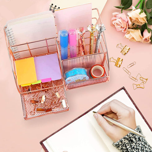 Rose Gold Desk Supplies Organizer, Multi-functional Mesh Desk Organizer with 6 Compartments & Desk Drawer Organizer for Office Supplies and Desk Accessories