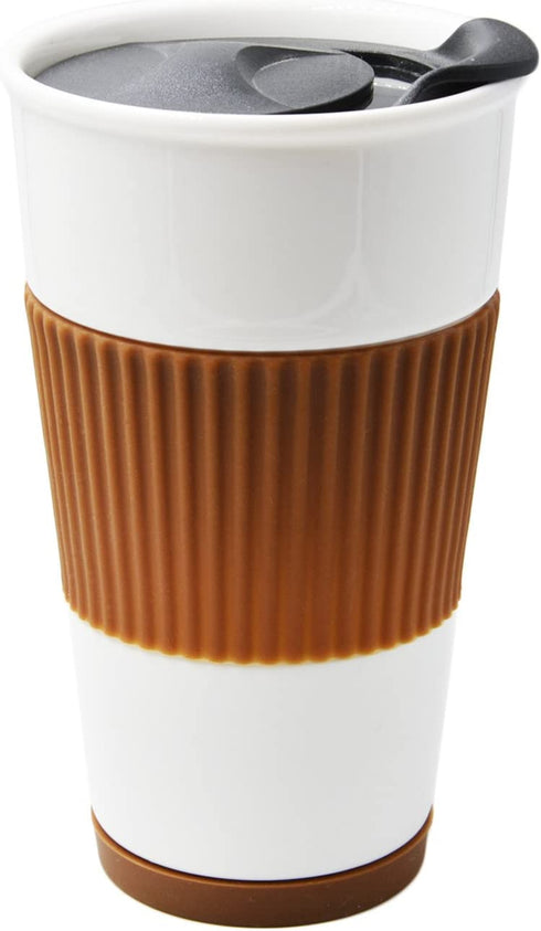 UDMG Ceramic Double Wall Insulated Travel Coffee Cup with Slider Lid, Silicone Sleeve & Built-In Coaster, 10 fl.oz (Coffee)