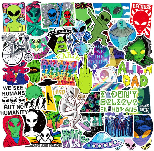 CHNLML Cool Sticker 50pcs Random Music Film Vinyl Skateboard Guitar Travel Case Sticker Door Laptop Luggage Car Bike Bicycle Stickers (Not Random) (Alien Style)