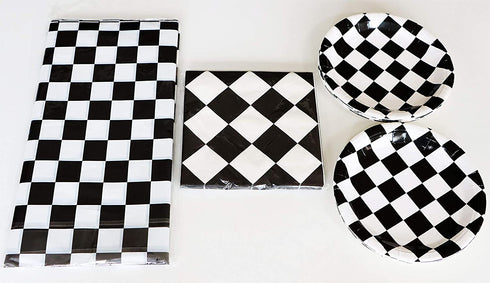 Black and White Checkered Racecar Themed Birthday Party Cake Plates Napkins and Tablecloth Children's Birthday Party Decorations for Boys Girls (Serves 20)