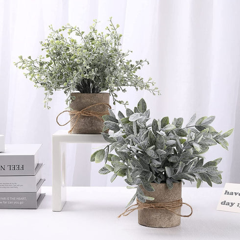 Artificial Topiaries Plants & Flowers, 4 Pcs Mini Plants Artificial Potted Set Fake Green Grass Plant Faux Plastic Topiary for Home Office Desk Bathroom Kitchen Counter Decoration (Nature)