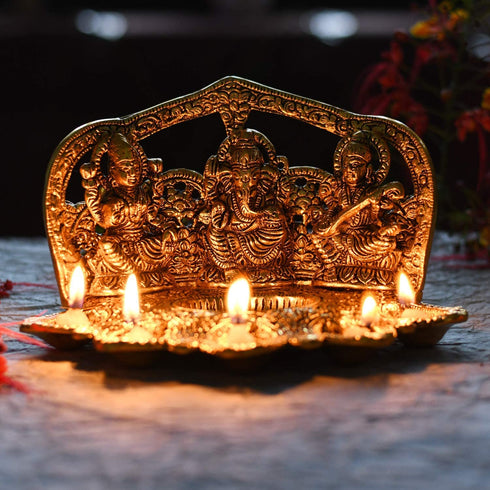 NOBILITY Laxmi Ganesha Saraswati Idol Diya Oil Deepak - Metal Lakshmi Ganesha Showpiece Statue - Traditional Diya for Diwali Puja - Diwali Home Decoration Items Gift
