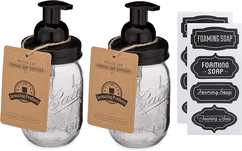 Jarmazing Products Mason Jar Foaming Soap Dispenser - Black - with 16 Ounce Ball Mason Jar - Two Pack!
