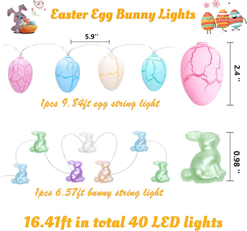 16.41ft 40 LEDs Easter Egg Bunny String Lights Decorations Rabbit Hanging Garland Indoor Outdoor Tree Party Decor(Batteries Not Included)